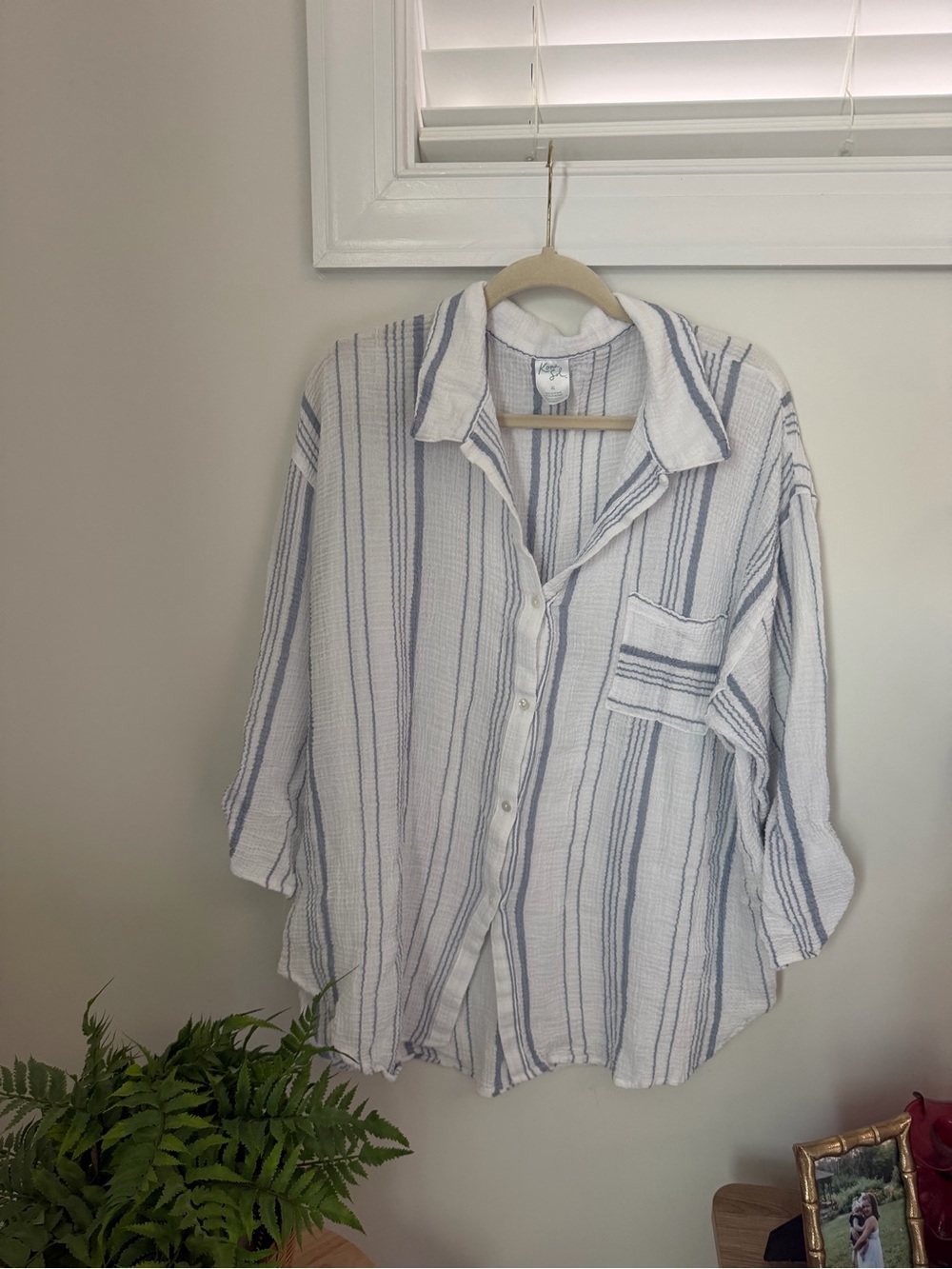 Kona Sol White and Blue Striped Swim Cover-up Button-Down Shirt